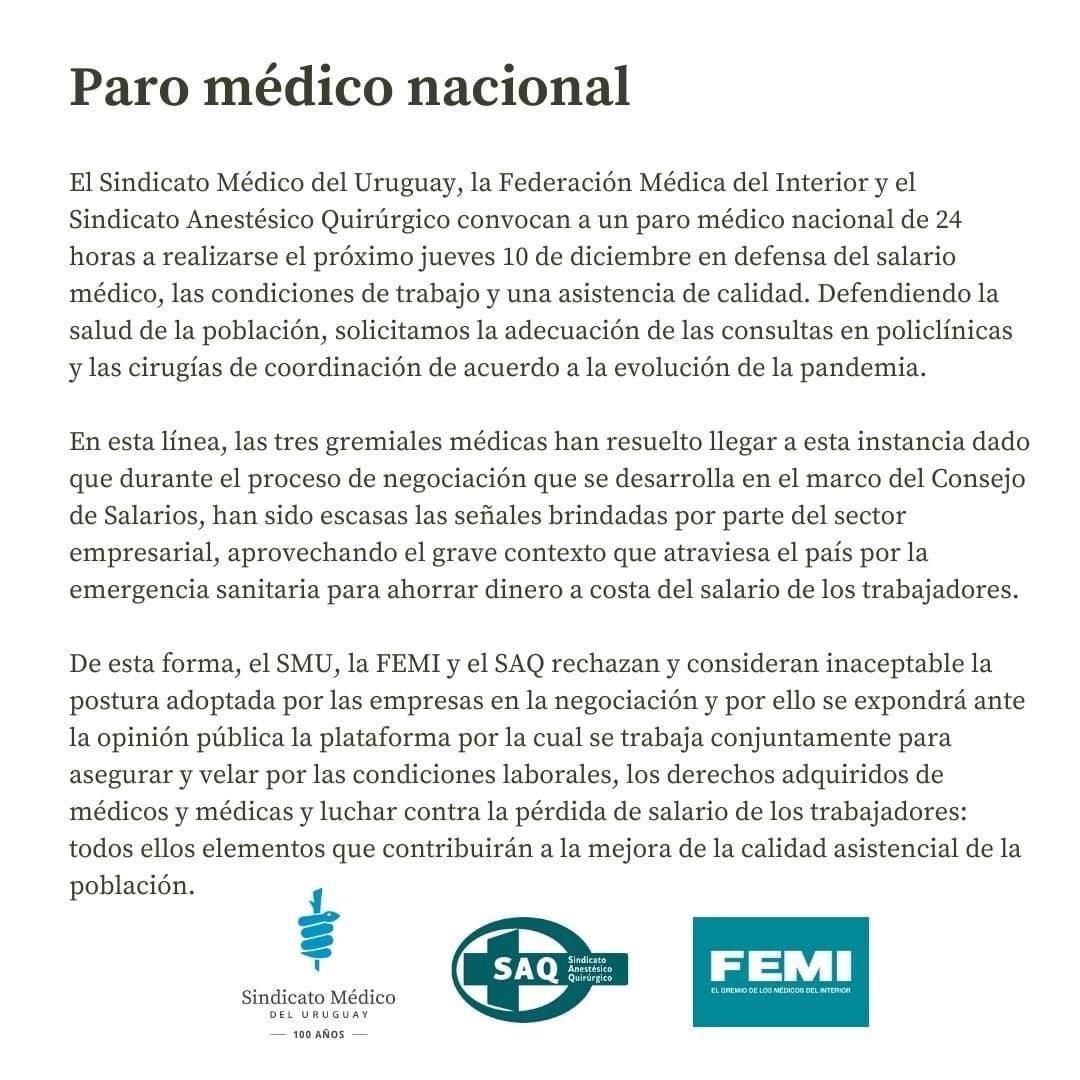 PARO MÉDICO NACIONAL EL JUEVES 10 DE DICIEMBRE