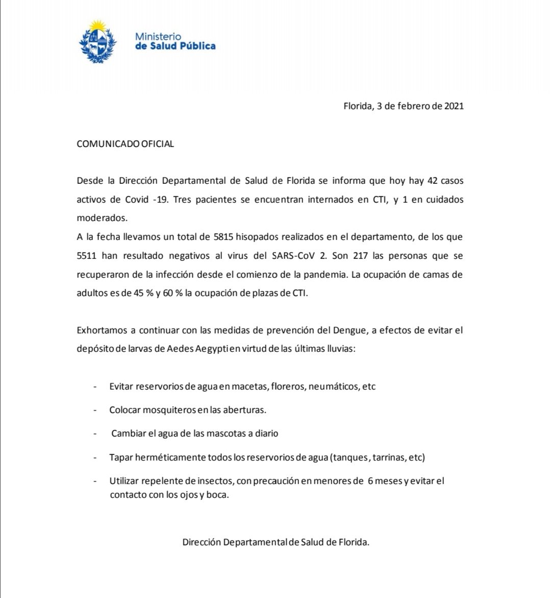 42 casos activos de Covid-19 en el Departamento de Florida, 3 en CTI y uno en cuidados moderados