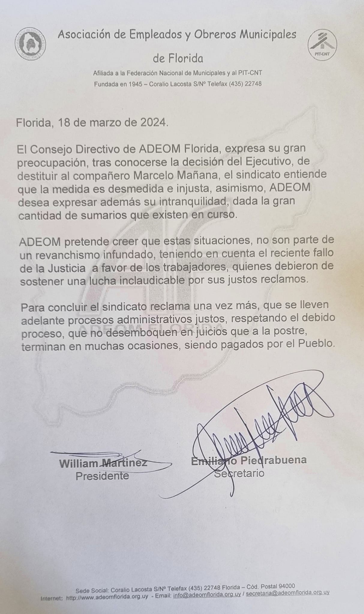 ADEOM Florida expresa preocupación por destitución de Marcelo Mañana