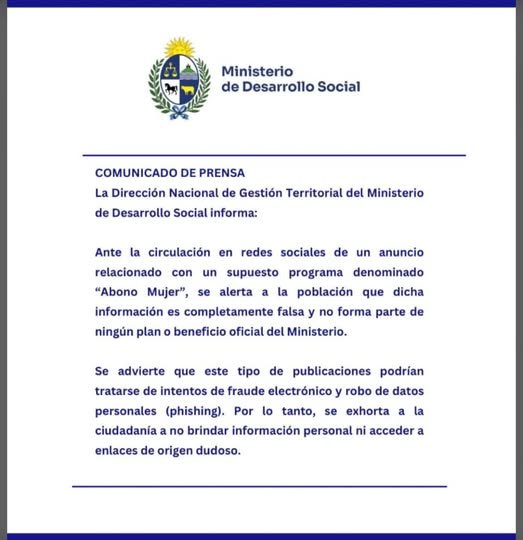 El Mides advierte por publicación falsa sobre un supuesto “bono mujer”de $4.000