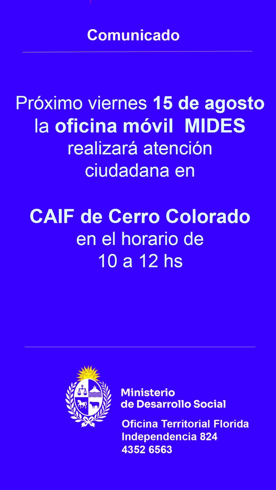MIDES Florida llevará su atención ciudadana a Cerro Colorado