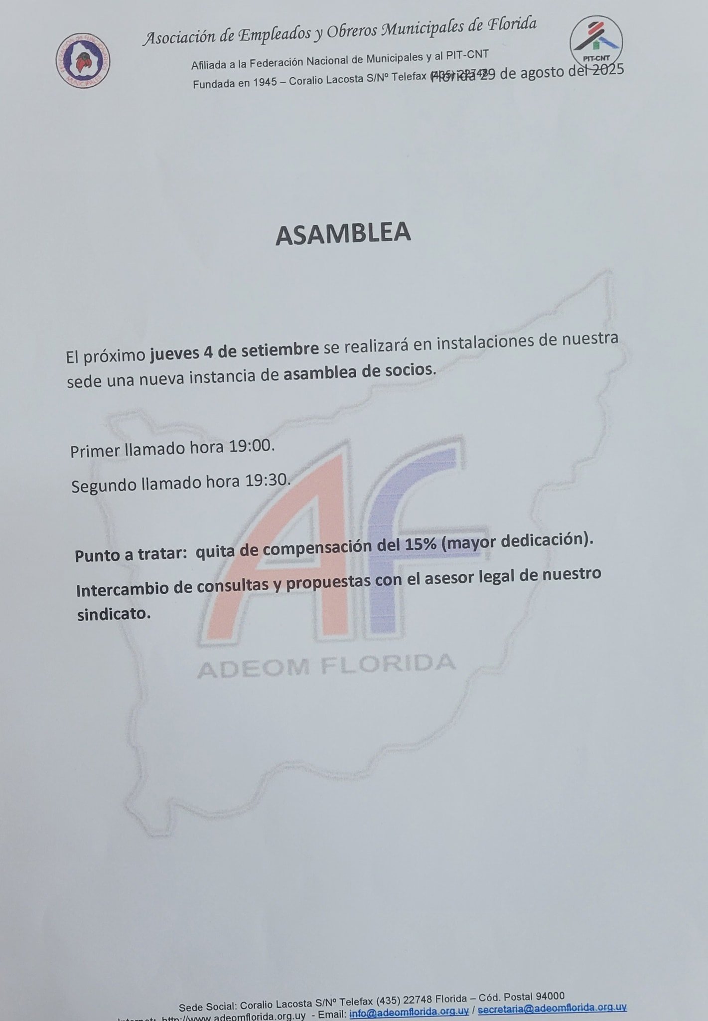 Adeom Florida convocó a sus socios a una nueva asamblea