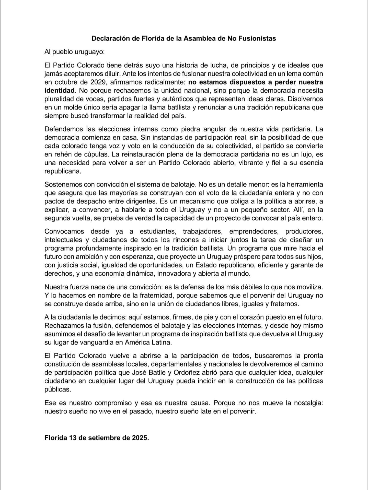 Asamblea de No Fusionistas de Florida rechaza fusión y defiende elecciones internas