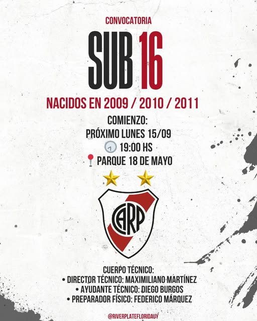 RIVER PLATE CONVOCA A LOS JUGADORES DE LA CATEGORÍA SUB 16
