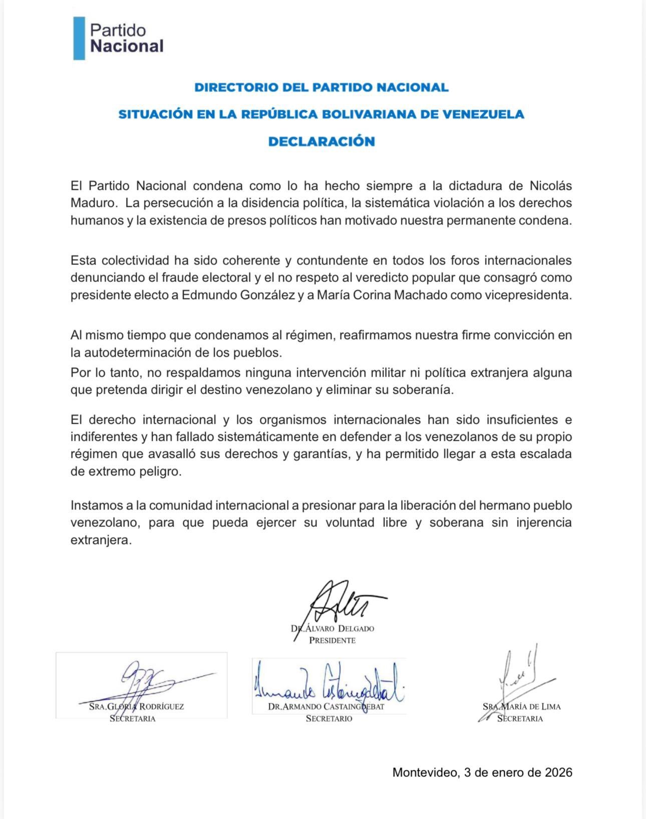 Partido Nacional fijó posición sobre la situación en Venezuela